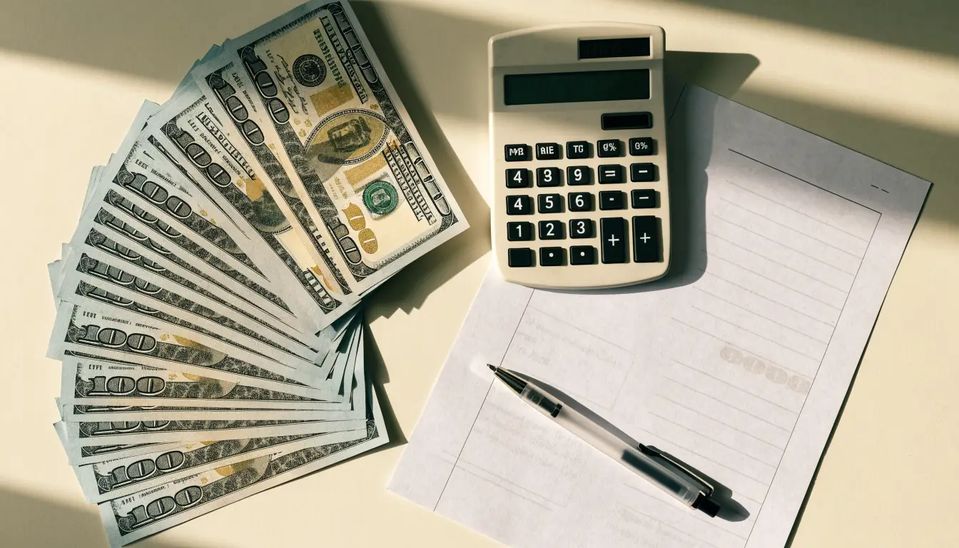 Cash, a calculator, and a settlement statement showing the breakdown of a $25,000 car accident settlement in Rancho Cucamonga