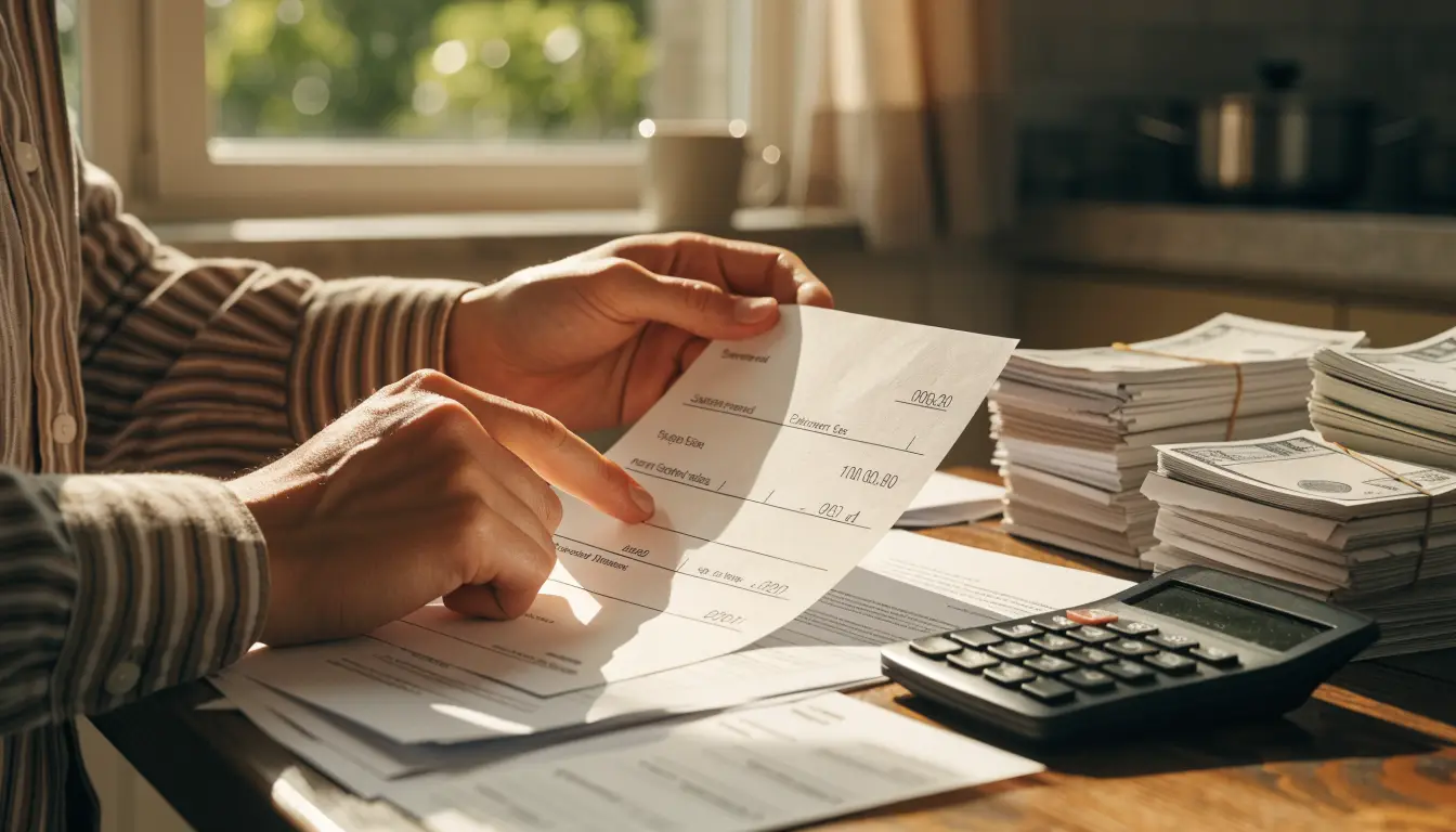 Hands reviewing a settlement check beside bills and a calculator for a $50,000 Rancho Cucamonga car accident settlement