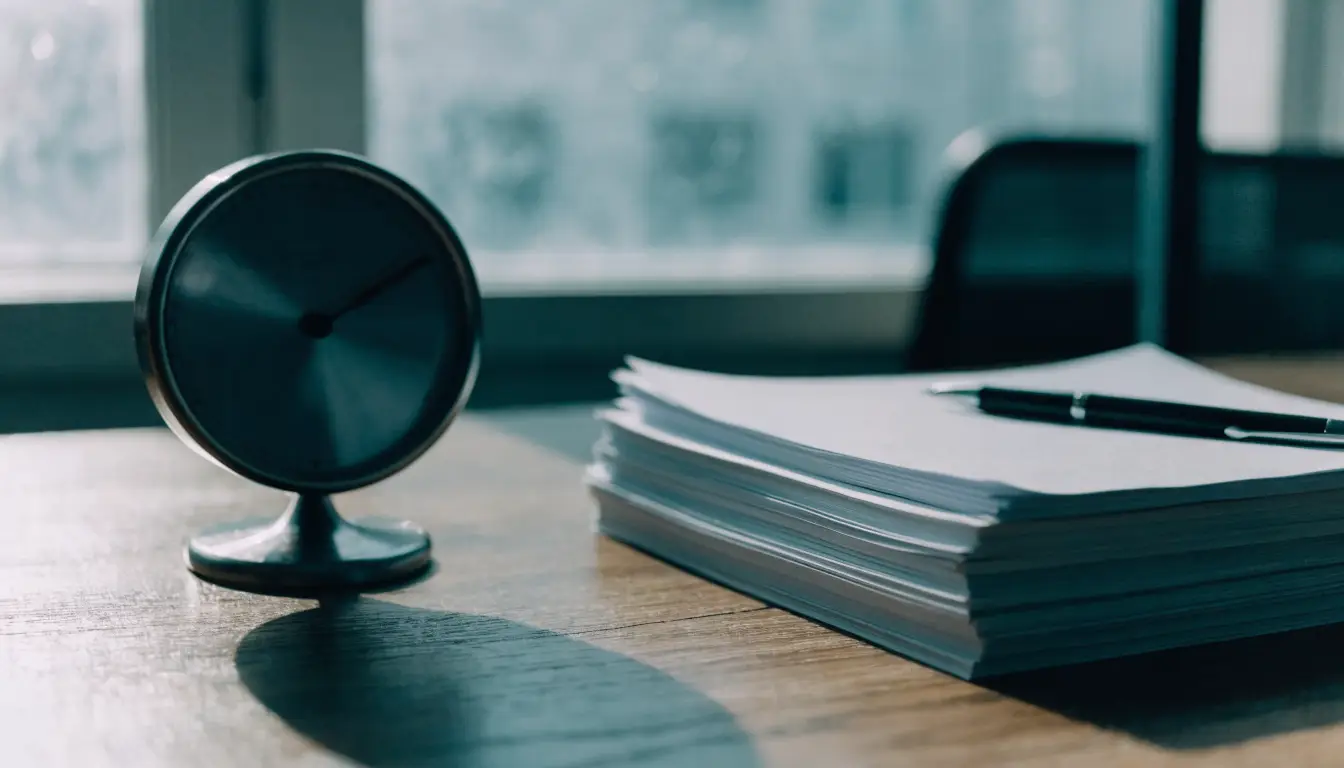 A desk clock beside stacked forms representing the accident report deadlines after a Rancho Cucamonga crash