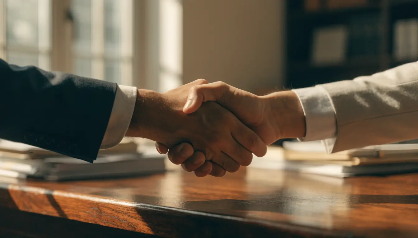 A client and car accident attorney shake hands over a contingency agreement at a Rancho Cucamonga law office
