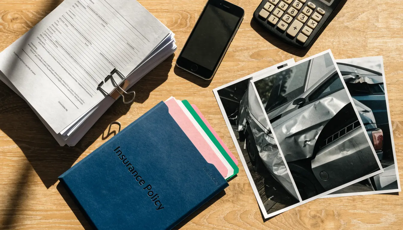 Medical bills, vehicle damage photos, and insurance paperwork that document a California car accident settlement claim