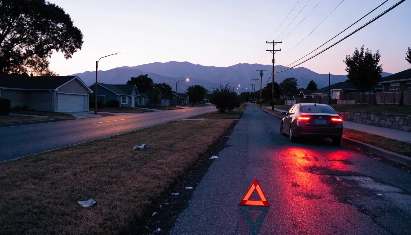 A hazard triangle and a car with hazard lights on a Rancho Cucamonga boulevard shoulder just after a crash