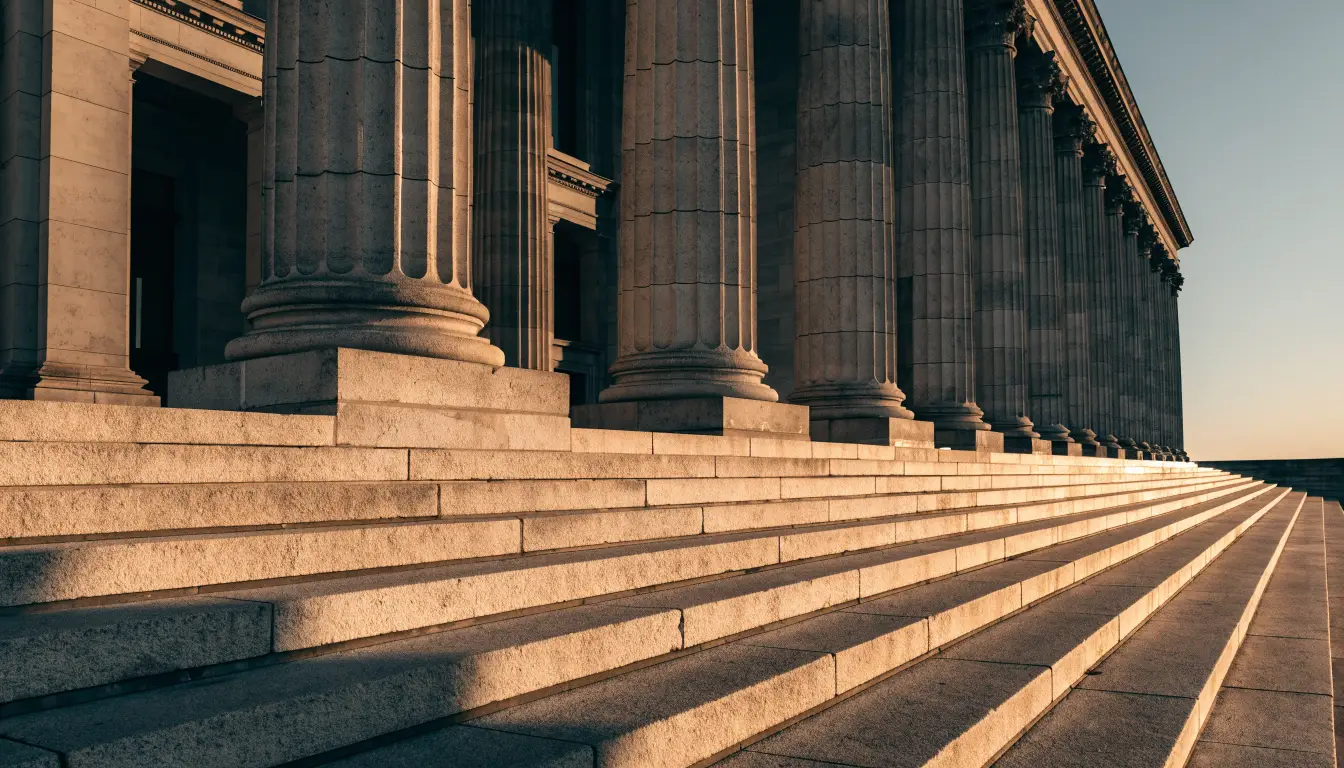 Courthouse steps at golden hour representing hit-and-run prosecutions in San Bernardino County