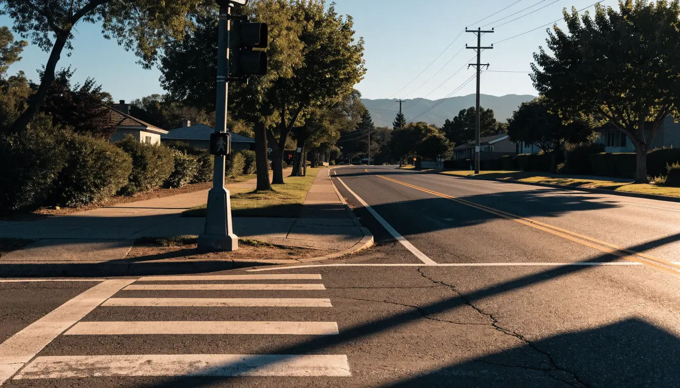 A marked crosswalk on a Rancho Cucamonga arterial where CVC 21950 gives pedestrians the right of way