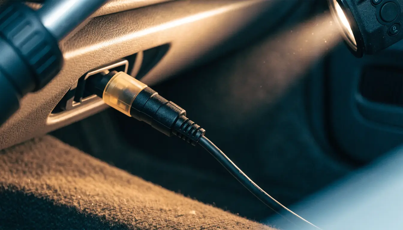 A diagnostic connector at a car's OBD port retrieving event data recorder evidence after a Rancho Cucamonga crash