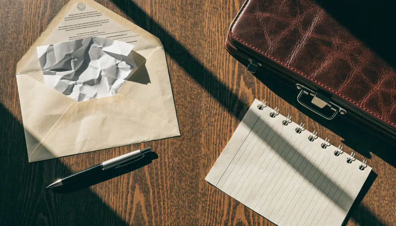 An insurance envelope and a briefcase on opposite sides of a desk representing the settle-or-hire-a-lawyer decision in Rancho Cucamonga