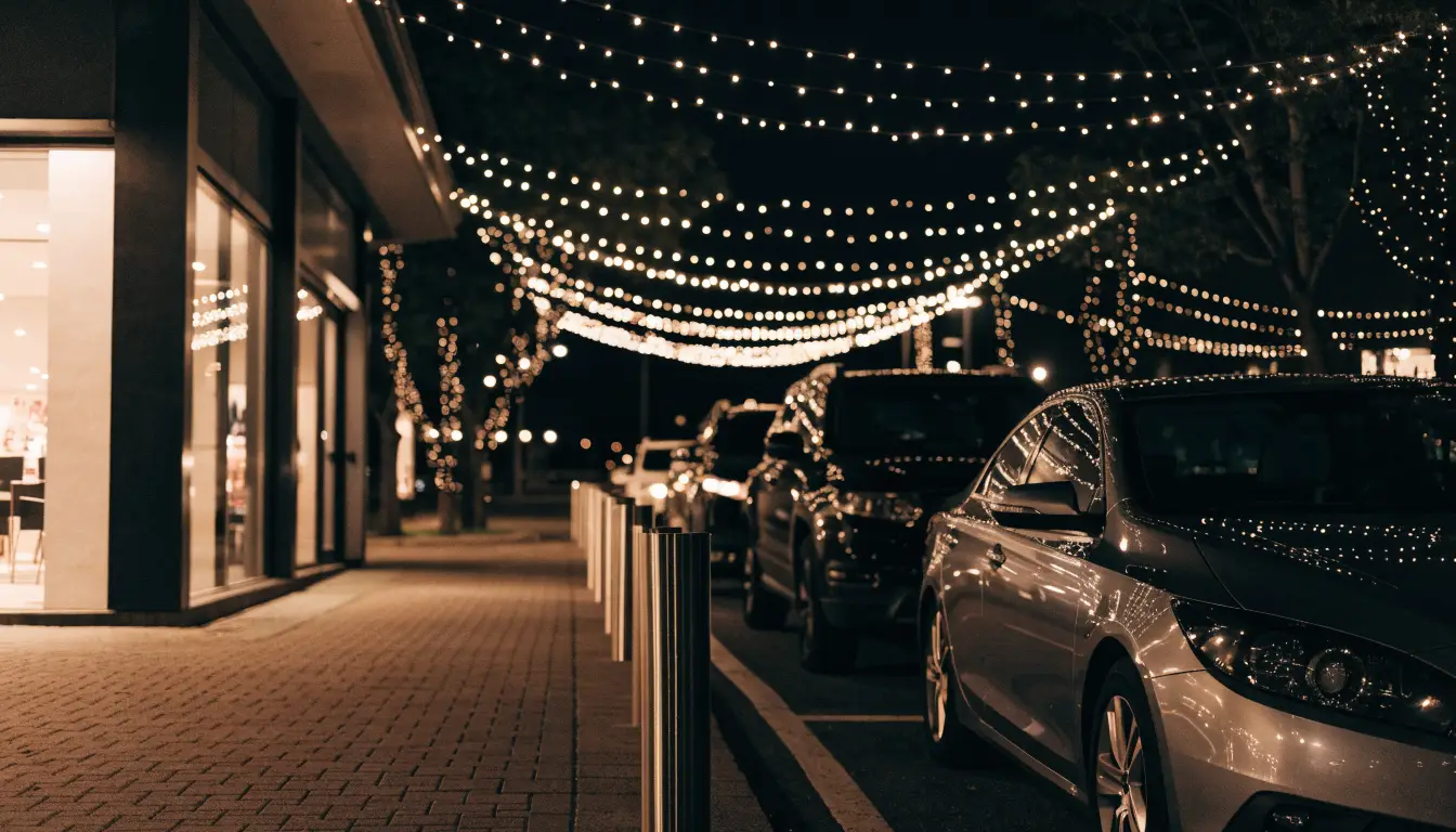 The curbside rideshare pickup zone at Victoria Gardens at night, Rancho Cucamonga's densest rideshare corridor